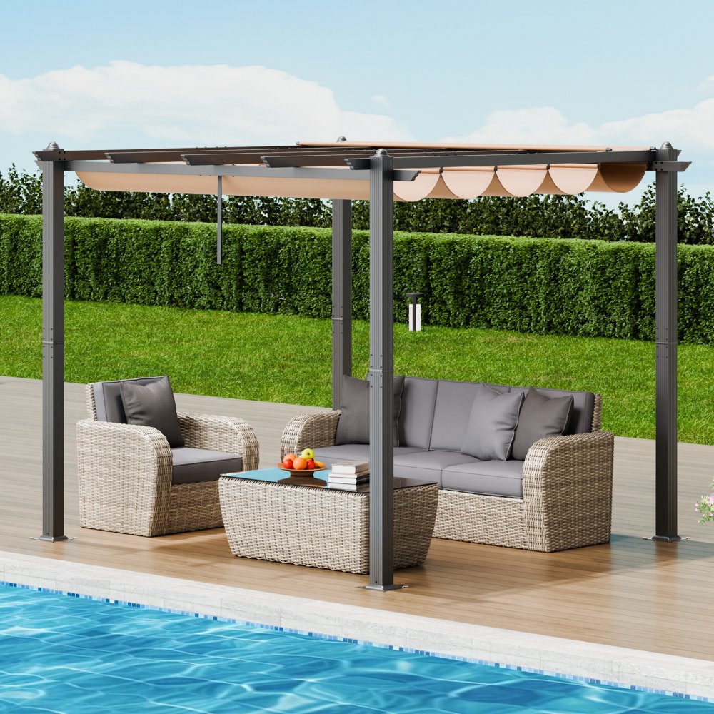 VEVOR 2,97x2,97 m Rozkładana pergola ogrodowa z baldachimem, aluminiowa pergola z rozsuwanym baldachimem, nowoczesna pergola z dachem przeciwsłonecznym na patio, do ogrodów, na tarasy (beżowa)