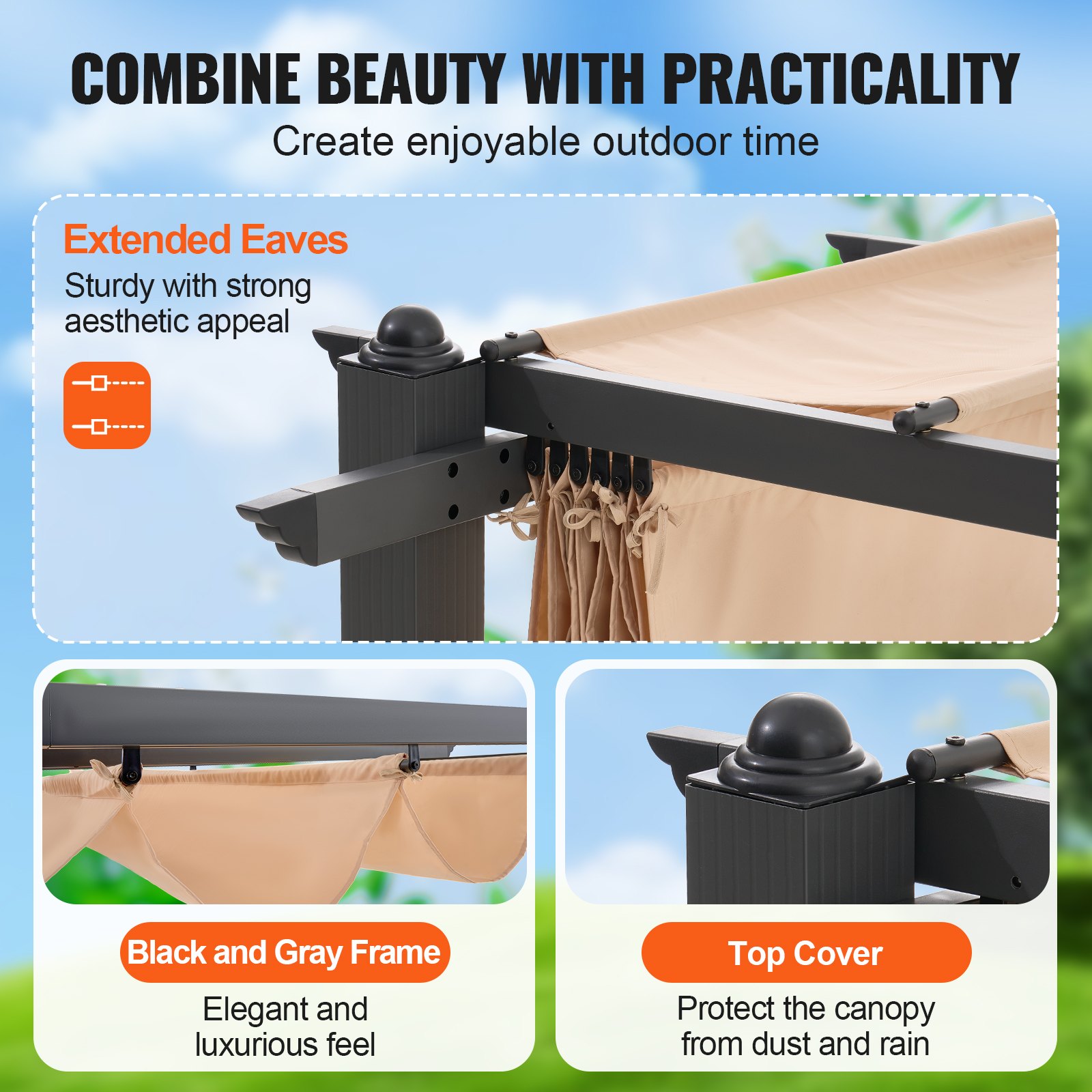 VEVOR 2,97x2,97 m Rozkładana pergola ogrodowa z baldachimem, aluminiowa pergola z rozsuwanym baldachimem, nowoczesna pergola z dachem przeciwsłonecznym na patio, do ogrodów, na tarasy (beżowa)