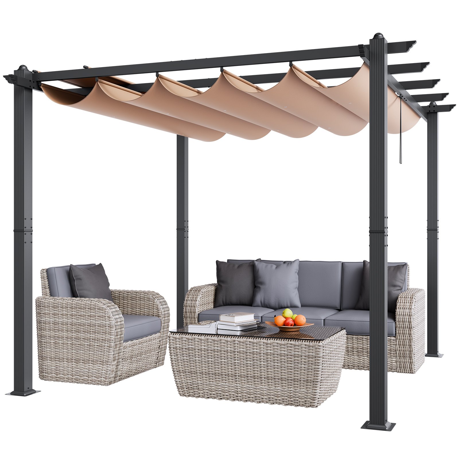 VEVOR 2,97x2,97 m Rozkładana pergola ogrodowa z baldachimem, aluminiowa pergola z rozsuwanym baldachimem, nowoczesna pergola z dachem przeciwsłonecznym na patio, do ogrodów, na tarasy (beżowa)