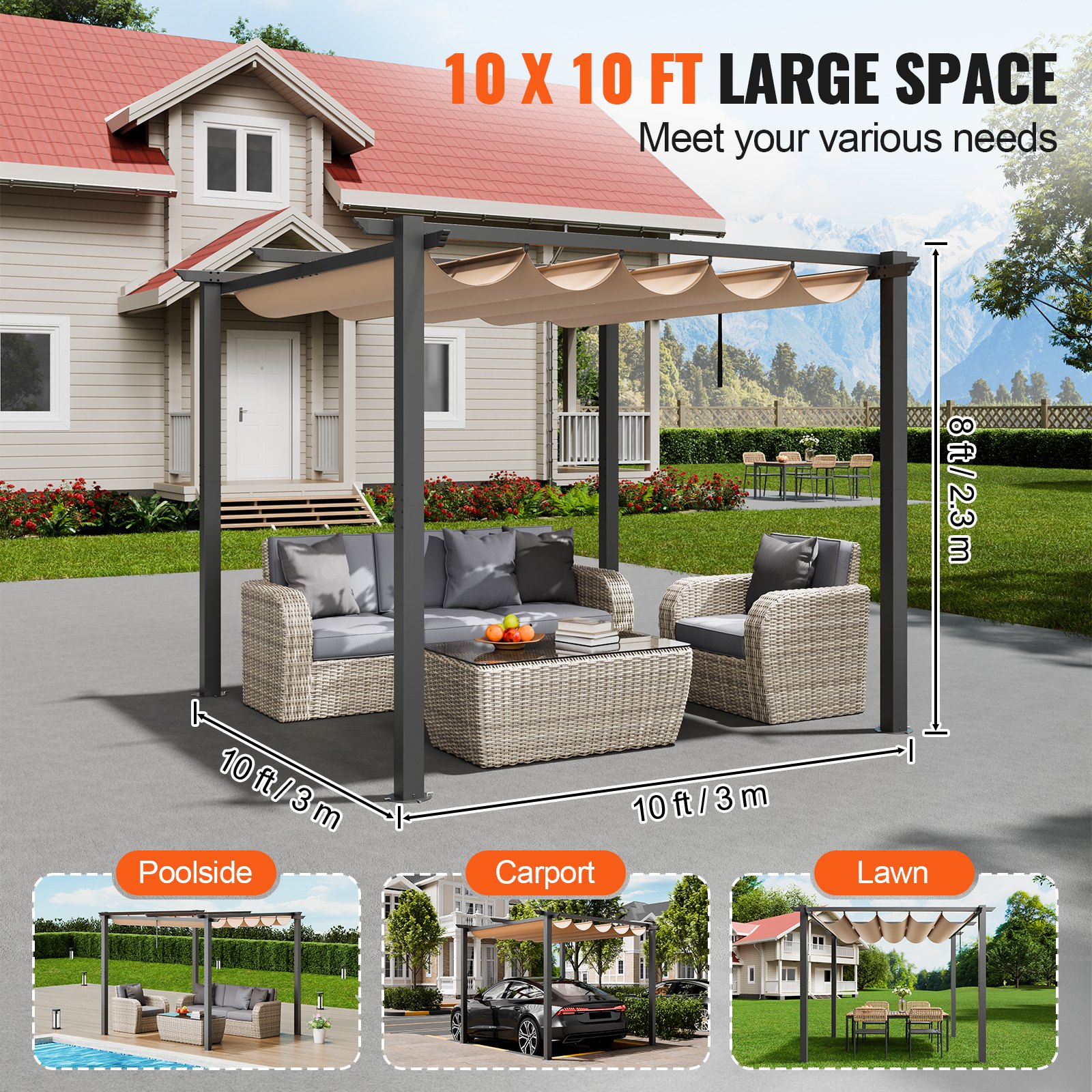 VEVOR 10'x10' Rozsuwana pergola ogrodowa z baldachimem, aluminiowa pergola z rozsuwanym baldachimem, nowoczesna pergola z dachem przeciwsłonecznym do patio, ogrodów, tarasów, podwórek (beżowa)