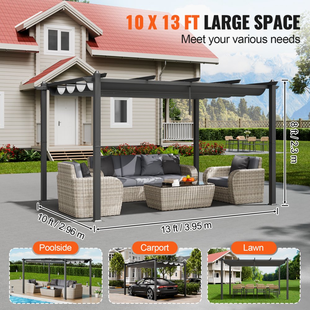 VEVOR 10'x13' Rozkładana pergola zewnętrzna z baldachimem, aluminiowa pergola z rozsuwanym baldachimem, nowoczesna pergola z dachem przeciwsłonecznym do patio, ogrodów, tarasów, podwórek (szara)