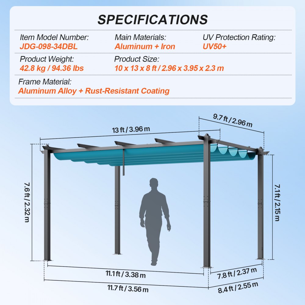 Pergola VEVOR 2,96 x 3,95 x 2,3 m, altana z dachem przeciwsłonecznym, altana ogrodowa z ochroną UV50+, zadaszenie altany ogrodowej, namiot ogrodowy na patio, do ogrodów, na tarasy, podwórka (niebieski)