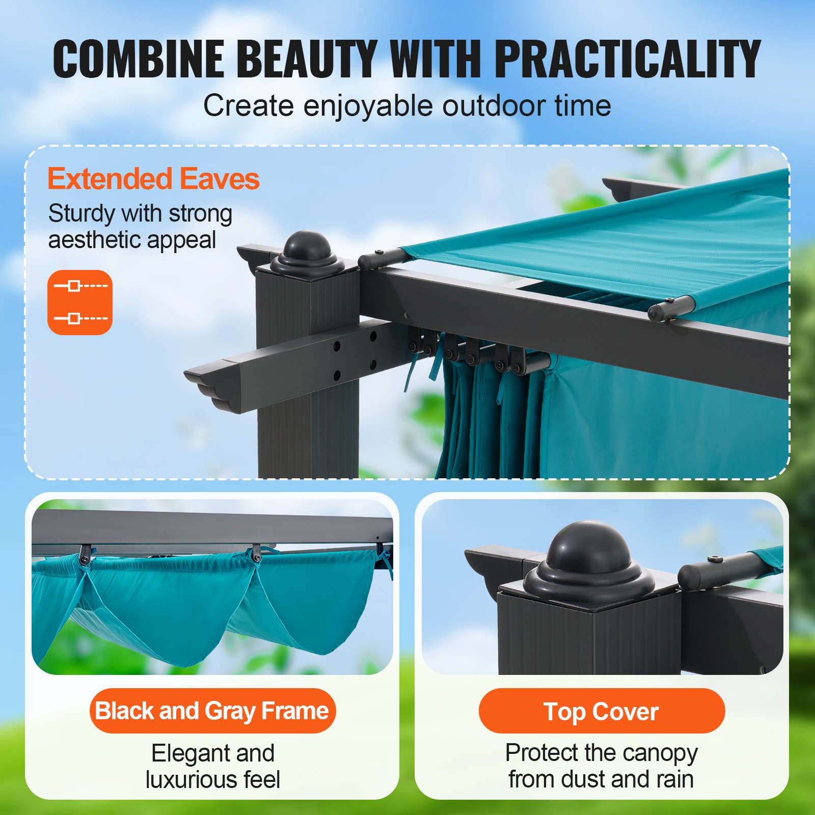 Pergola VEVOR 2,96 x 3,95 x 2,3 m, altana z dachem przeciwsłonecznym, altana ogrodowa z ochroną UV50+, zadaszenie altany ogrodowej, namiot ogrodowy na patio, do ogrodów, na tarasy, podwórka (niebieski)