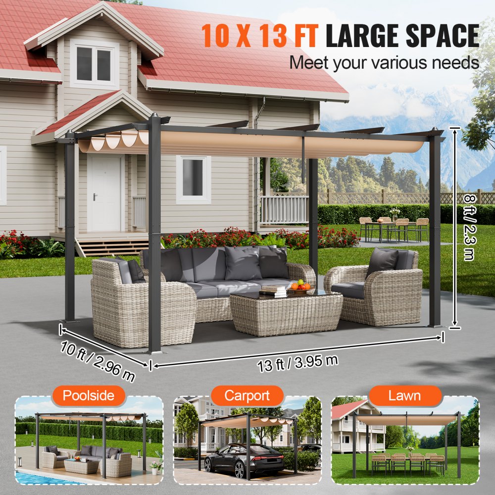 Pergola VEVOR 2,96 x 3,95 x 2,3 m, altana z dachem przeciwsłonecznym, altana ogrodowa z ochroną UV50+, zadaszenie altany ogrodowej, namiot ogrodowy na patio, do ogrodów, na tarasy, podwórka (beżowy)