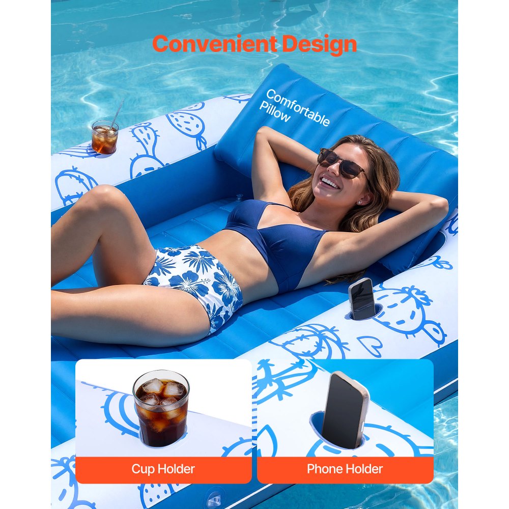 VEVOR Inflatable Pool Float with UPF 50+ Canopy, 2.09 x 1.4m Large Tanning Pool Floating Lounger for Adults, 250kg Capacity Sunbathing Lounger Floaties with Pillow, Phone & Cup Holder for Water Fun