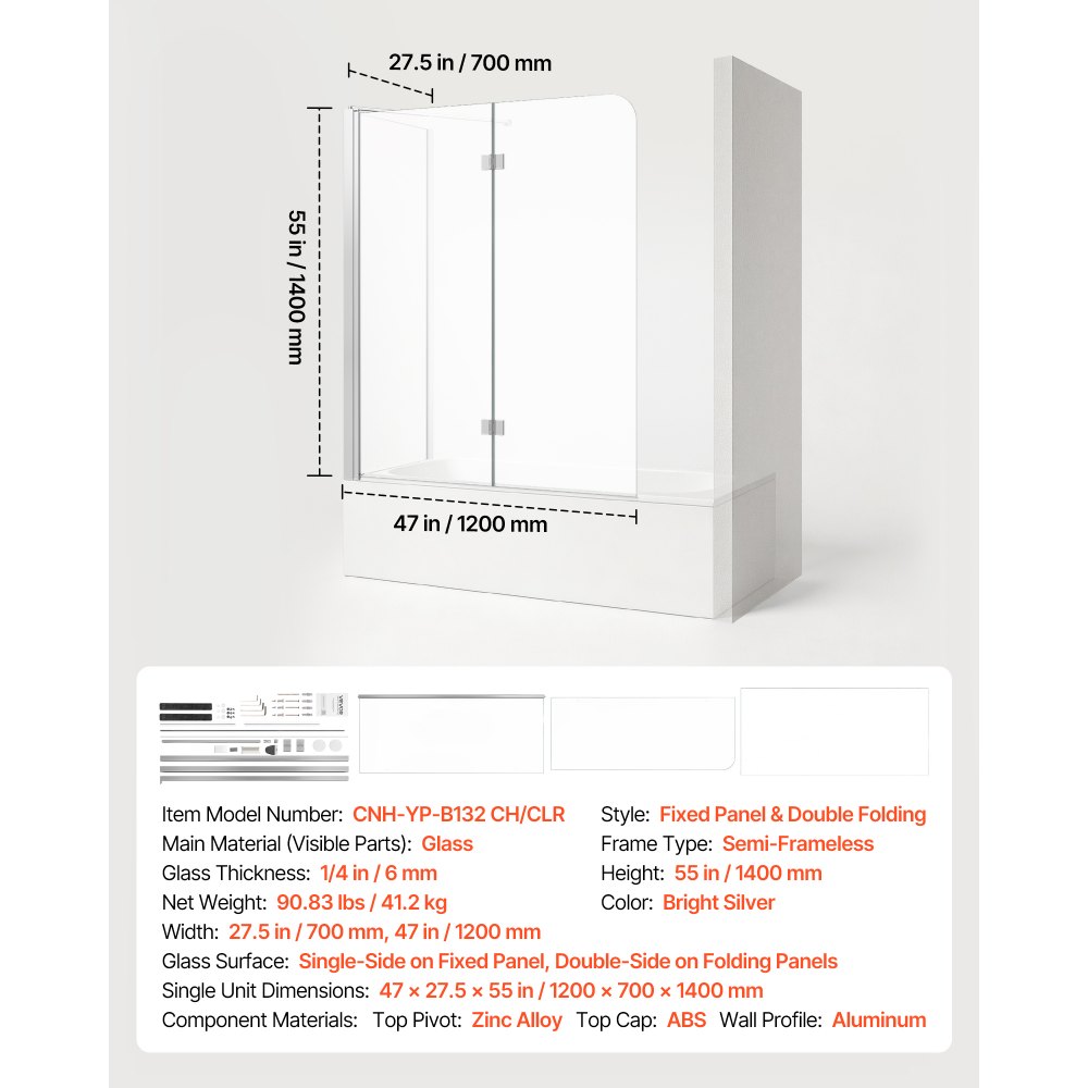 VEVOR Parawan prysznicowy do wanny 70/120x140 cm, półramowy, 6 mm, srebrny, składany, dwupanelowy, szkło bezpieczne, powłoka nano, składany o 180°, 1 stały i 2 składane panele, srebrny