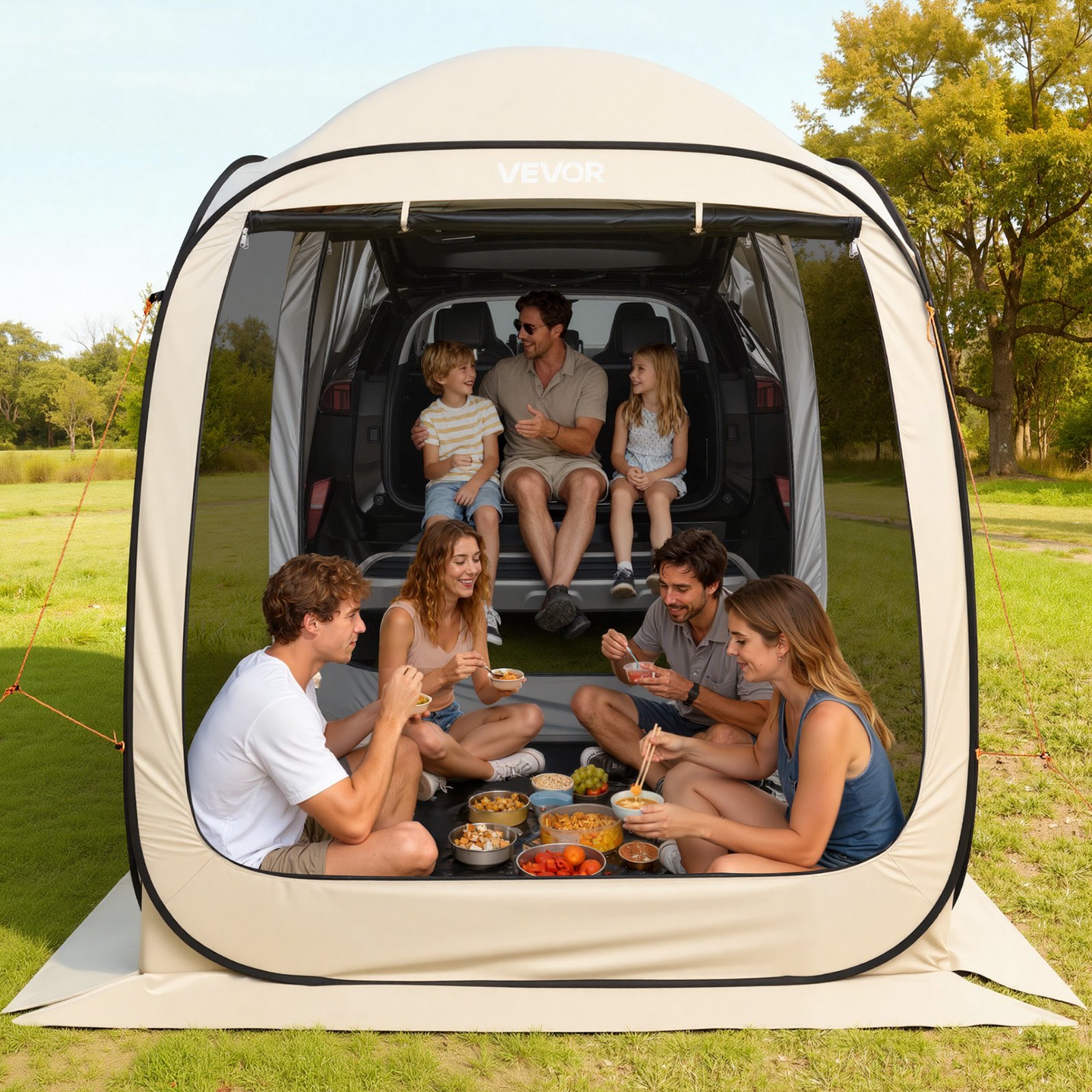 VEVOR Screen House Tent, 1825 x 1825 x 2200 mm, 4-6 Person Pop Up SUV Tailgate Tent, Portable Screened in Canopy with Carry Bag, Netting Sides, for Car Camping, Garden, Outdoor Activities, Beige