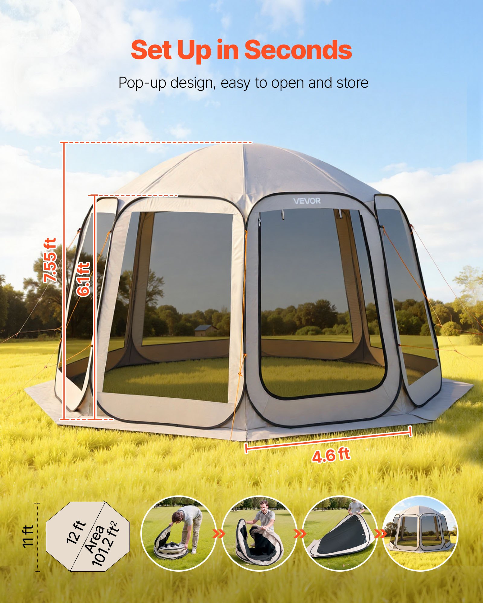 VEVOR Screen House Tent, 3660 x 3380 x 2300 mm, 10-12 Person Pop Up Screen Tent, Portable Screened in Canopy with Carry Bag, Netting Sides, Ground Stakes, for Garden, Patio, Outdoor Activities, Beige