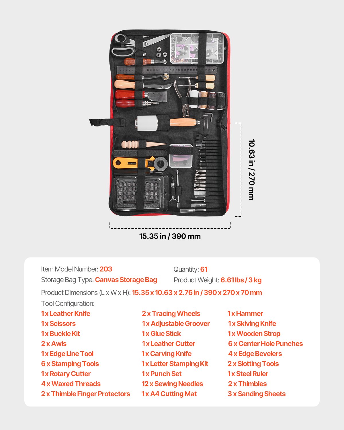 Zestaw narzędzi do obróbki skóry VEVOR, 61 elementów, z przenośną płócienną torbą do przechowywania, narzędziem graficznym, narzędziem do dziurkowania, narzędziem do szycia, narzędziami tnącymi, idealny dla początkujących i profesjonalistów.
