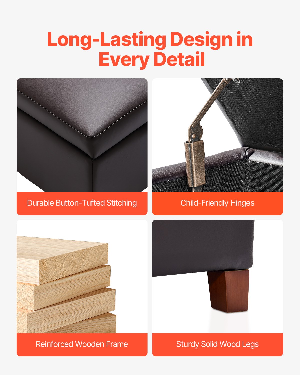 VEVOR 71 cm Square Leather Ottoman with Storage, Upholstered Tufted Button Coffee Table Ottoman with Flip-Top Design, PU Leather High-Density Sponge for Living Room, Dorm, Bedroom, Dark Brown