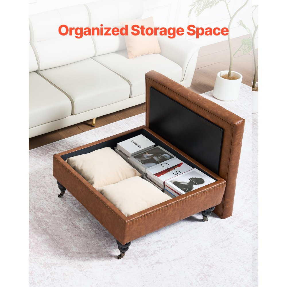 VEVOR 80 cm Square Leather Ottoman with Storage, Upholstered Tufted Button Coffee Table Ottoman with Castered Rolling Wheels, PU Leather High-Density Sponge for Living Room, Dorm, Bedroom, Brown