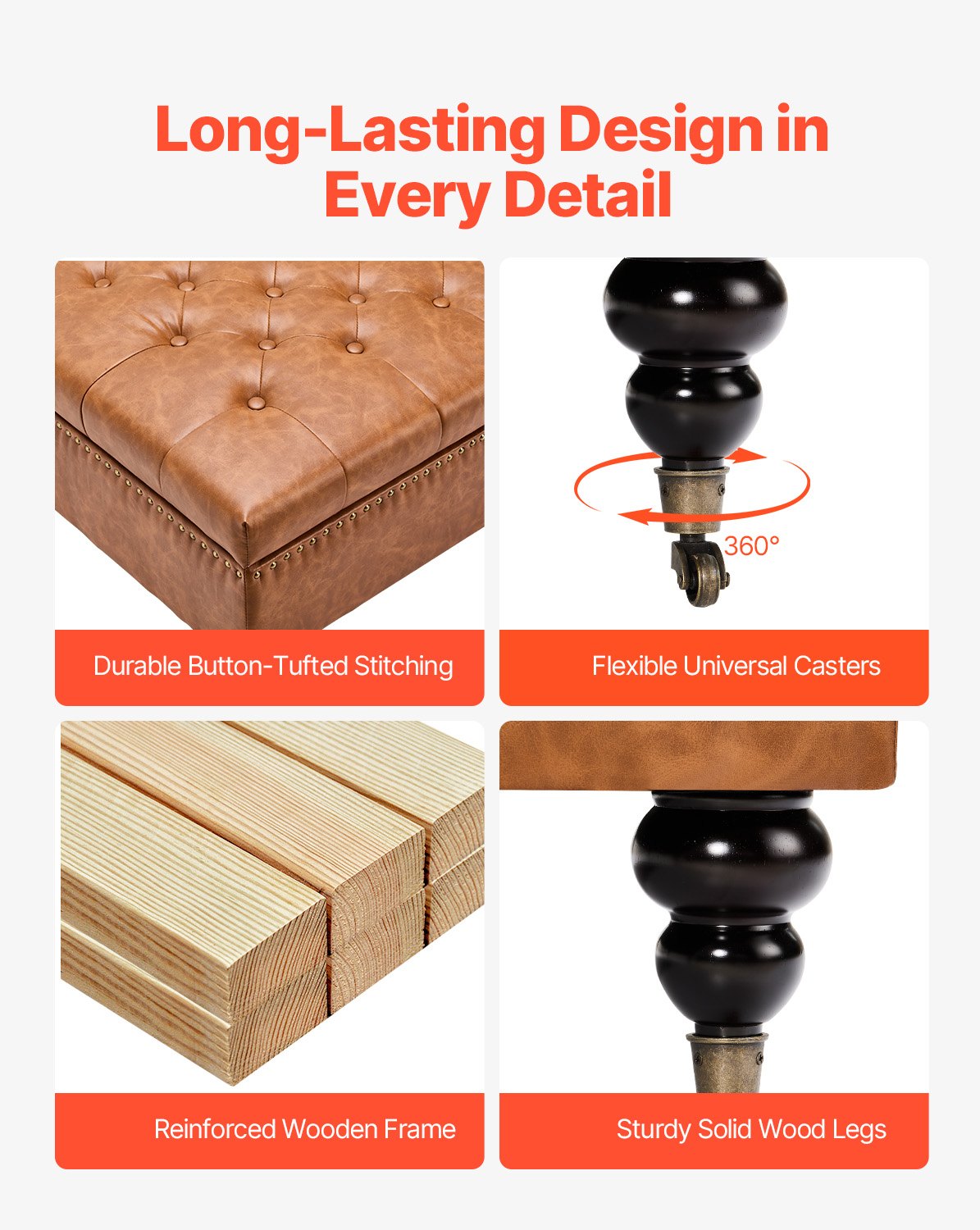 VEVOR 80 cm Square Leather Ottoman with Storage, Upholstered Tufted Button Coffee Table Ottoman with Castered Rolling Wheels, PU Leather High-Density Sponge for Living Room, Dorm, Bedroom, Brown