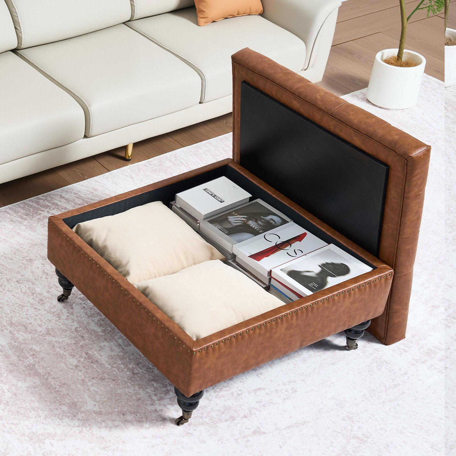 VEVOR 80 cm Square Leather Ottoman with Storage, Upholstered Tufted Button Coffee Table Ottoman with Castered Rolling Wheels, PU Leather High-Density Sponge for Living Room, Dorm, Bedroom, Brown