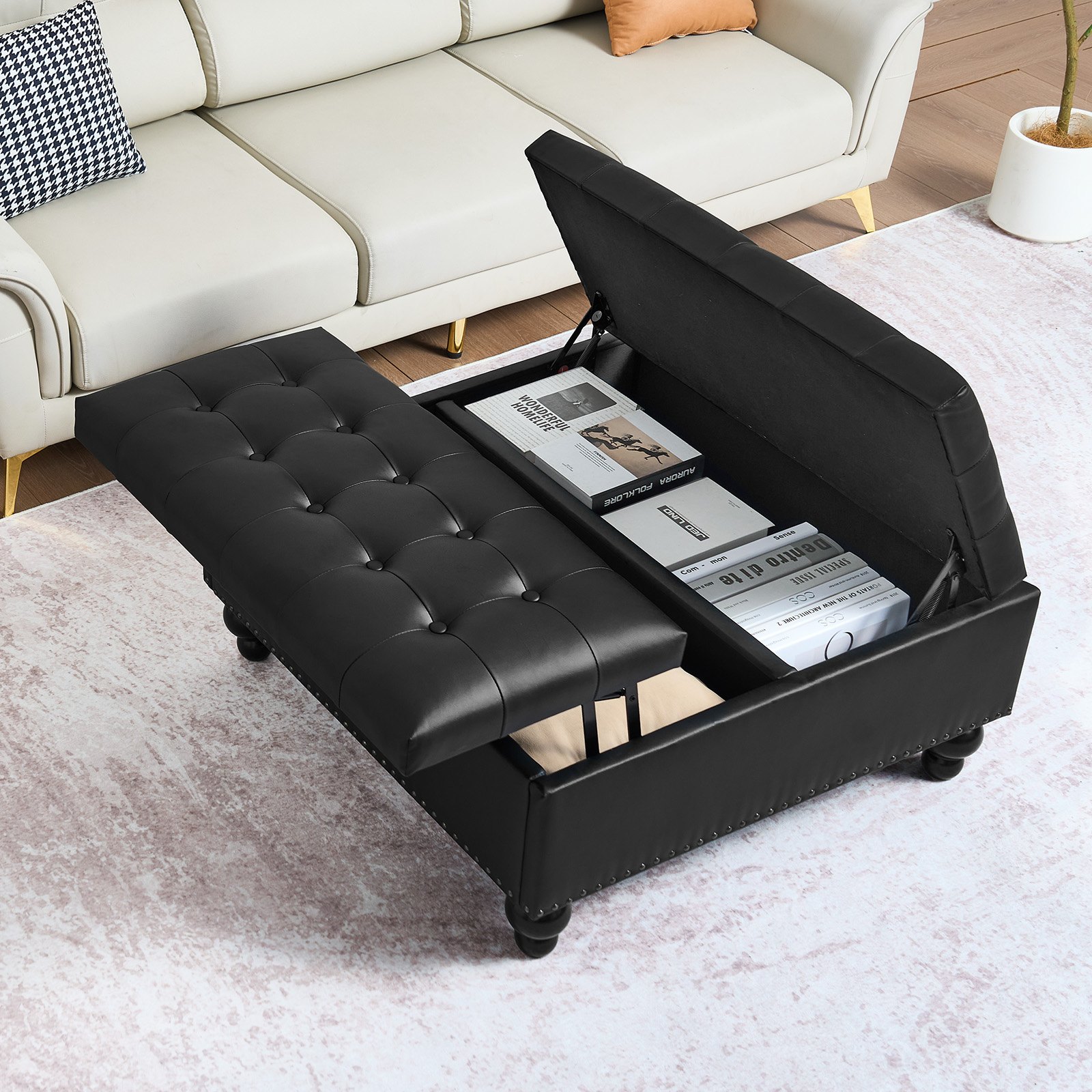 VEVOR 88 cm Square Leather Ottoman with Storage, Upholstered Tufted Button Coffee Table Ottoman with Lift-Top & Flip Design, PU Leather High-Density Sponge for Living Room, Bedroom, Dorm, Black