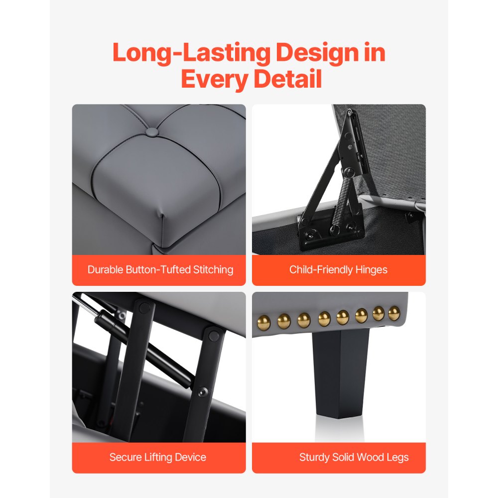 VEVOR Kwadratowy skórzany puf ze schowkiem, tapicerowany stolik kawowy z pikowanymi guzikami i podnoszonym i składanym blatem, skóra PU z gąbką o wysokiej gęstości do salonu i sypialni, szary