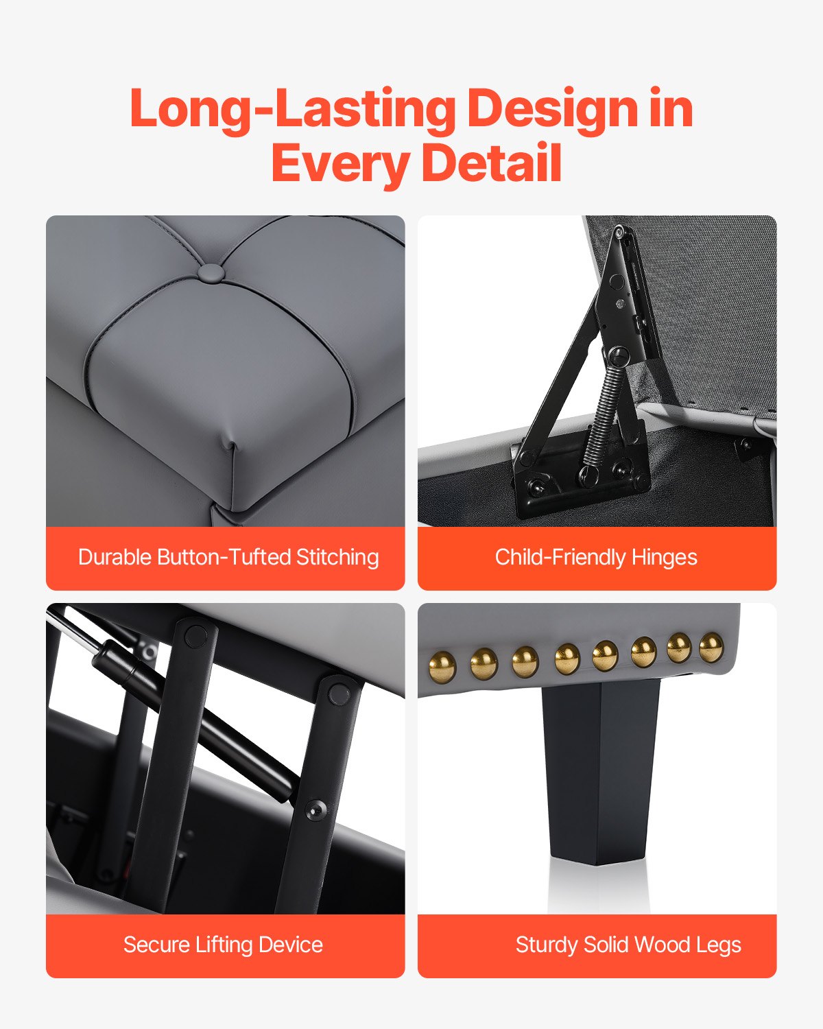 VEVOR Kwadratowy skórzany puf ze schowkiem, tapicerowany stolik kawowy z pikowanymi guzikami i podnoszonym i składanym blatem, skóra PU z gąbką o wysokiej gęstości do salonu i sypialni, szary