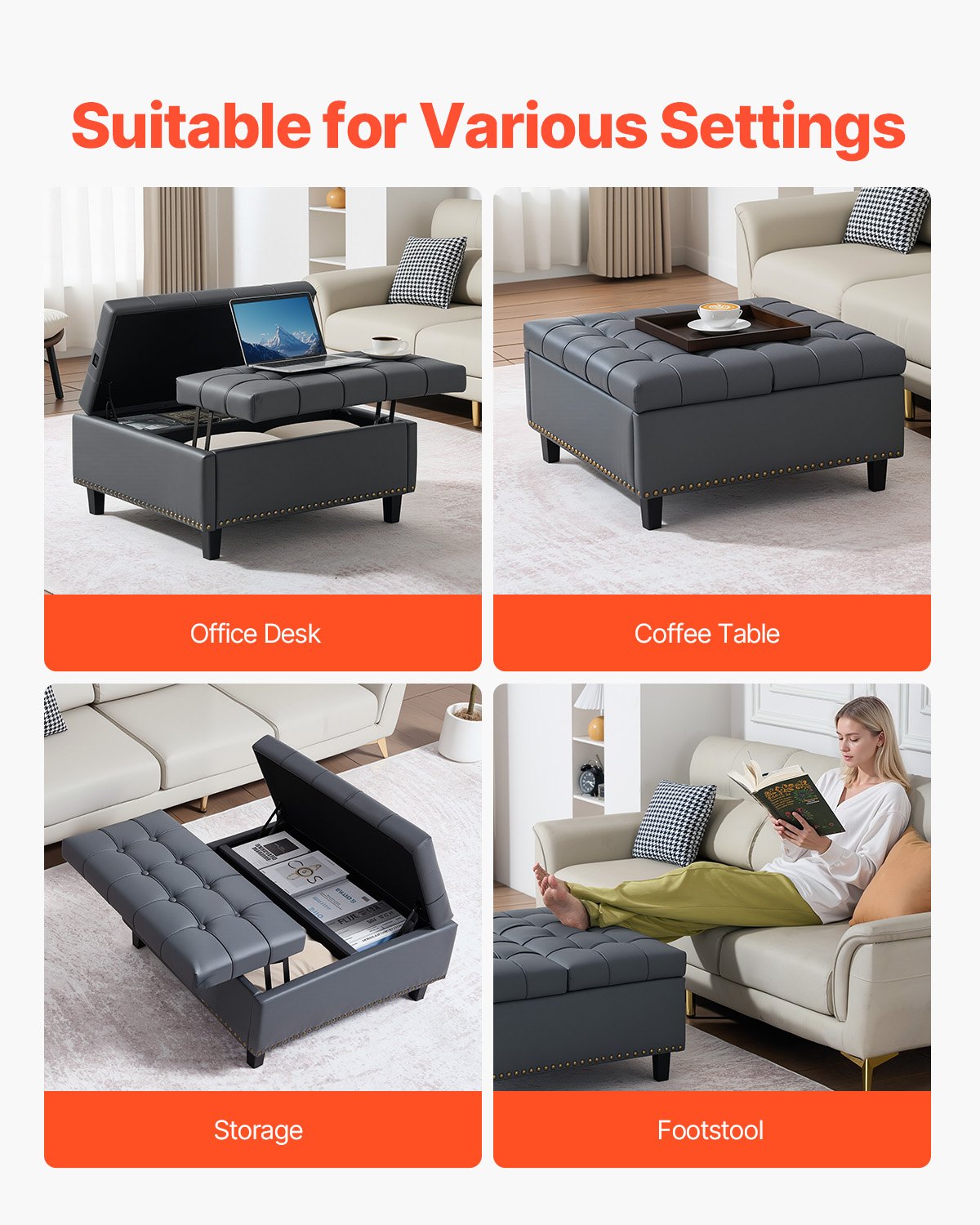 VEVOR 80 cm Square Leather Ottoman with Storage, Upholstered Tufted Button Coffee Table Ottoman with Lift-Top & Flip Design, PU Leather High-Density Sponge for Living Room, Bedroom, Dorm, Grey