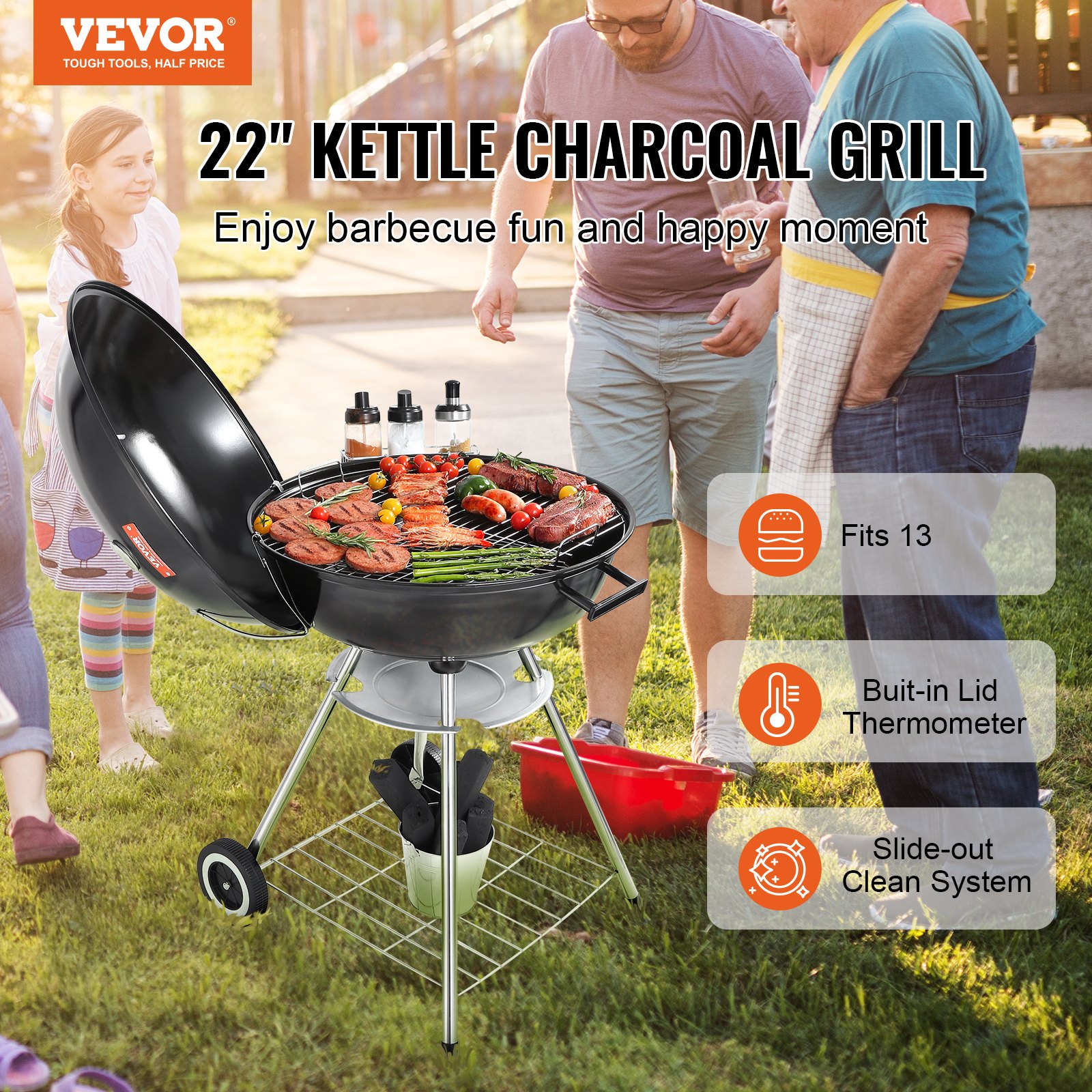 VEVOR Czajnik z grillem na węgiel drzewny Grill 56 cm przenośny, grill z grillem z pokrywką, pyszny grill, grill piknikowy z dużą powierzchnią do grillowania, węgiel drzewny, czarny, okrągły grill węglowy 63 x 82 x 88 cm podróży