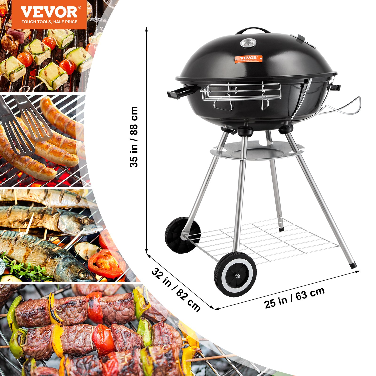 VEVOR Czajnik z grillem na węgiel drzewny Grill 56 cm przenośny, grill z grillem z pokrywką, pyszny grill, grill piknikowy z dużą powierzchnią do grillowania, węgiel drzewny, czarny, okrągły grill węglowy 63 x 82 x 88 cm podróży
