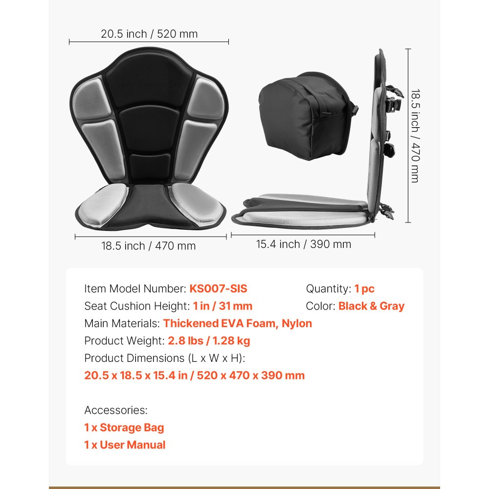 VEVOR Kayak Seat, 1 Pack 31 mm Thick, Universal Paddle Board Seat with Back Support, Sit-on-Top Soft Padded Cushion with Storage Bag & Adjustable Straps for SUP, Fishing/Inflatable Kayak, Rowboat