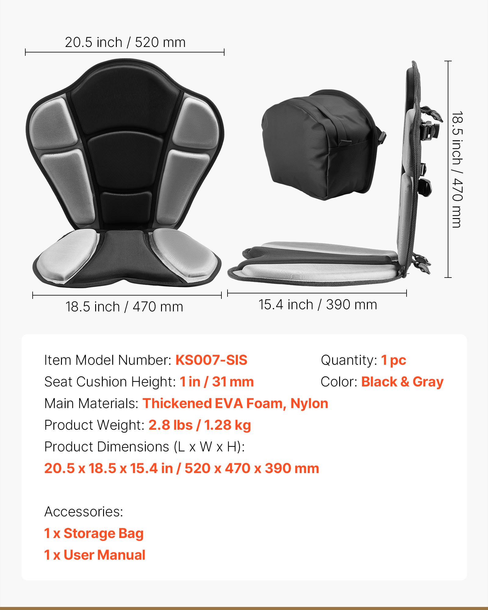 VEVOR Kayak Seat, 1 Pack 31 mm Thick, Universal Paddle Board Seat with Back Support, Sit-on-Top Soft Padded Cushion with Storage Bag & Adjustable Straps for SUP, Fishing/Inflatable Kayak, Rowboat