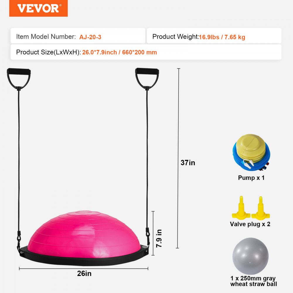 VEVOR Piłka treningowa do ćwiczeń półsztywnych, 66 cm, piłka treningowa do ćwiczeń równowagi, udźwig 680 kg, piłka do jogi z taśmami oporowymi i pompką nożną, piłka do jogi, piłka do ćwiczeń siłowych w domowej siłowni, różowa