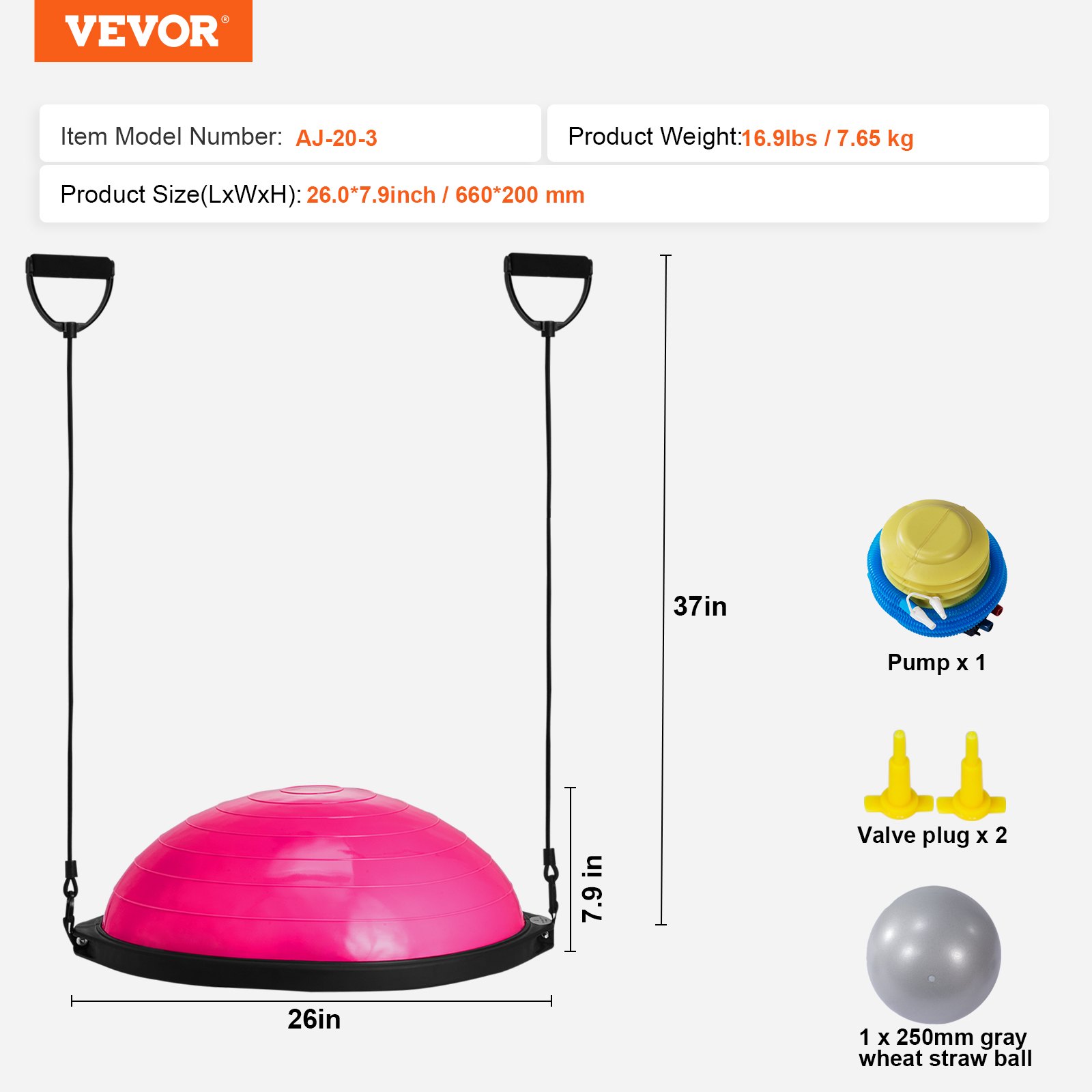 VEVOR Piłka treningowa do ćwiczeń półsztywnych, 66 cm, piłka treningowa do ćwiczeń równowagi, udźwig 680 kg, piłka do jogi z taśmami oporowymi i pompką nożną, piłka do jogi, piłka do ćwiczeń siłowych w domowej siłowni, różowa
