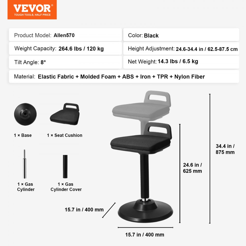 VEVOR Fotel aktywny Wobble Stool Stołek stojący z uchwytem, ​​regulowana wysokość (625-875 mm), stołek biurowy wykonany z elastycznej tkaniny i pianki, idealny do szkół, biur i domów, kąt nachylenia 8°, kolor czarny