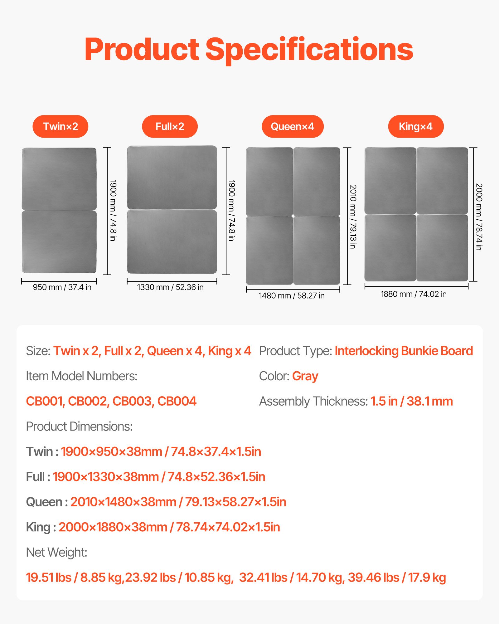 VEVOR King Size Bunkie Board Slats (2000 x 1880 x 38 mm) z tkaniną Oxford 200D, drewniany materac nawierzchniowy do łóżka king size, łatwy w montażu pod materacem, 4-częściowy, szary