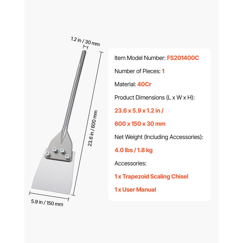 VEVOR Dłuto szpachelkowe 60x15 cm, dłuto płaskie z uchwytem SDS Max, kompatybilne z młotami udarowo-obrotowymi, ze stali stopowej 40Cr poddanej obróbce cieplnej, do usuwania podłóg laminowanych, płytek i zaprawy
