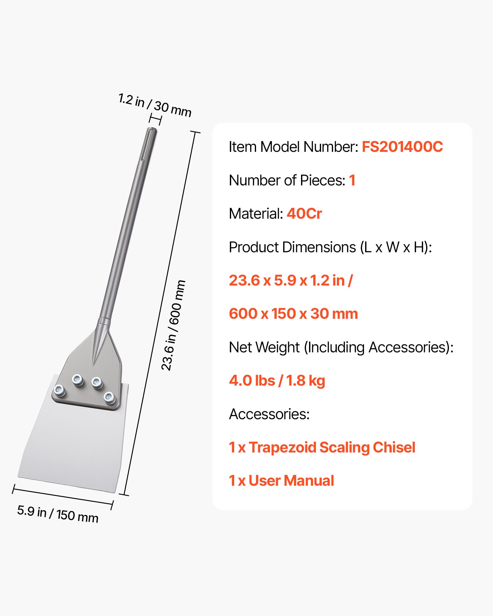 VEVOR Dłuto szpachelkowe 60x15 cm, dłuto płaskie z uchwytem SDS Max, kompatybilne z młotami udarowo-obrotowymi, ze stali stopowej 40Cr poddanej obróbce cieplnej, do usuwania podłóg laminowanych, płytek i zaprawy