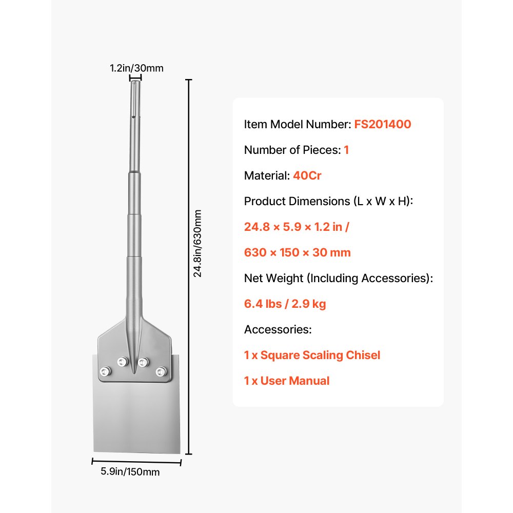 VEVOR Szpatułka dłutowa 63x15 cm, dłuto płaskie z uchwytem SDS Max, kompatybilne z młotami udarowo-obrotowymi, stal stopowa 40Cr poddana obróbce cieplnej, skrobak podłogowy do usuwania podłóg laminowanych, płytek i zaprawy