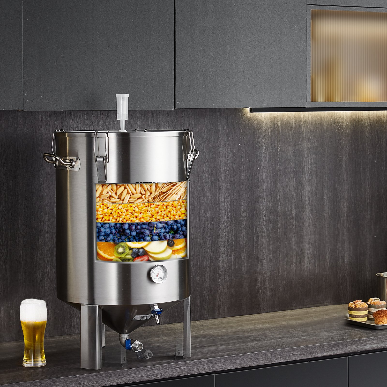 System warzenia piwa VEVOR Urządzenie do warzenia piwa Kocioł ze stali nierdzewnej 60 l Fermentator do piwa, Wiadro fermentacyjne do warzenia, Akcesoria do domowego warzenia piwa z podstawą, Kocioł z pokrywką, uchwytem, ​​zaworem i kranem