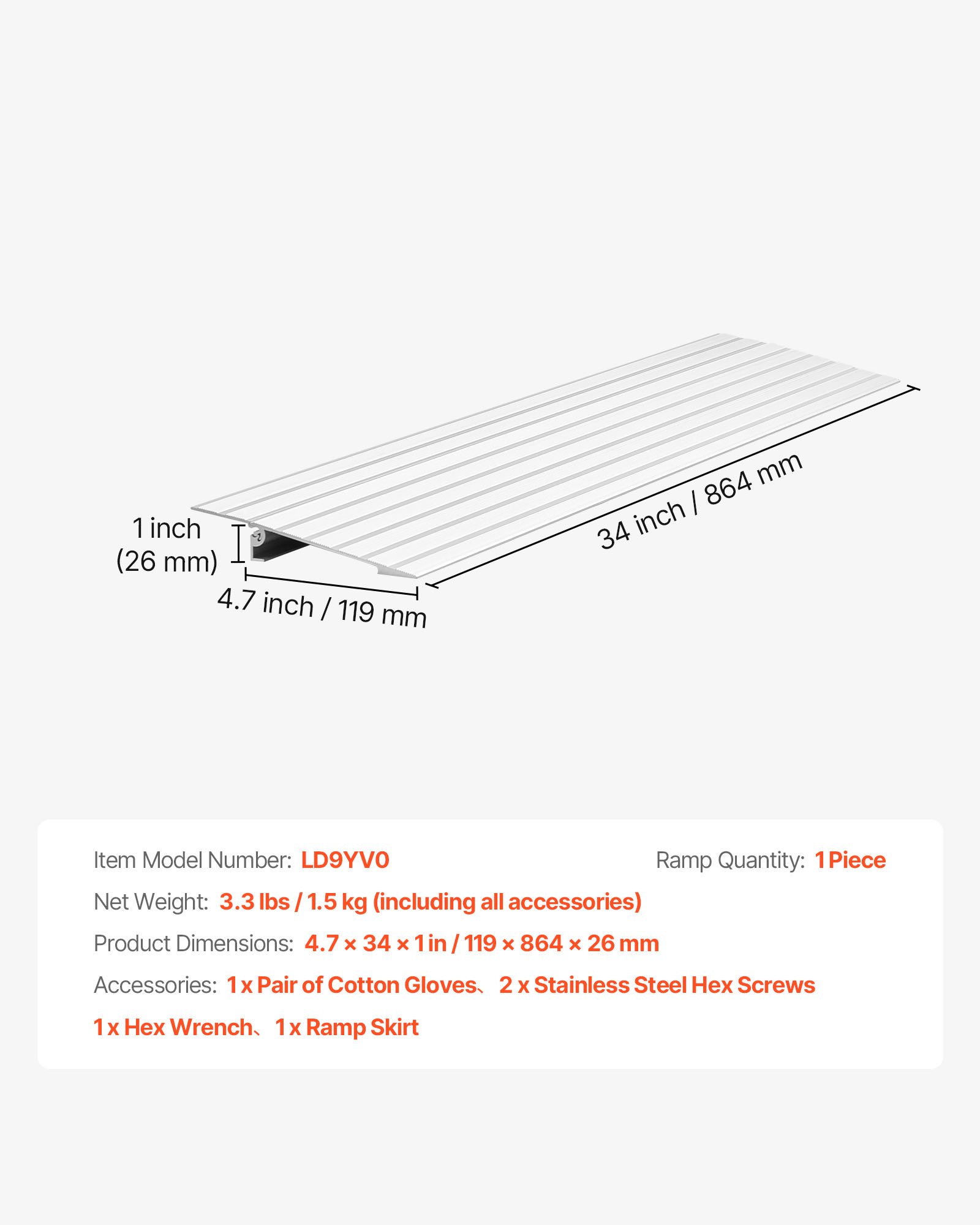 VEVOR Door Threshold Ramp, 26 mm Rise, Aluminum Alloy Threshold Ramp Rated 363 kg Load Capacity, Handicap Ramps for Home Steps for Wheelchair, Scooters, Power Chairs, Walkers, Bicycle, Tricycle