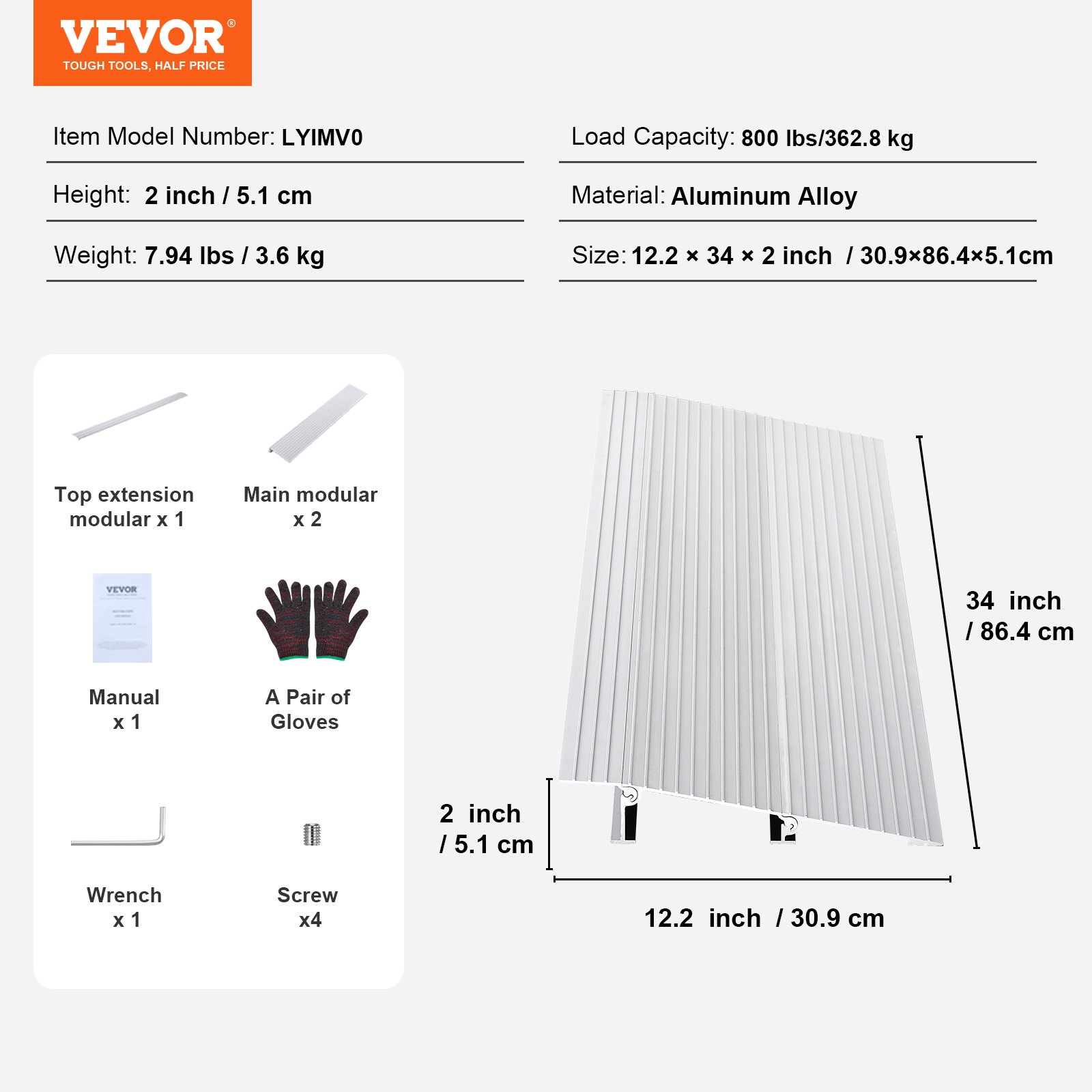 Rampa progowa VEVOR 30,9 x 86,4 x 5,1 cm Rampa dla wózków inwalidzkich o nośności 362,8 kg Rampa krawężnikowa ze stopu aluminium Modułowa konstrukcja Rampa progowa Rampa aluminiowa antypoślizgowa