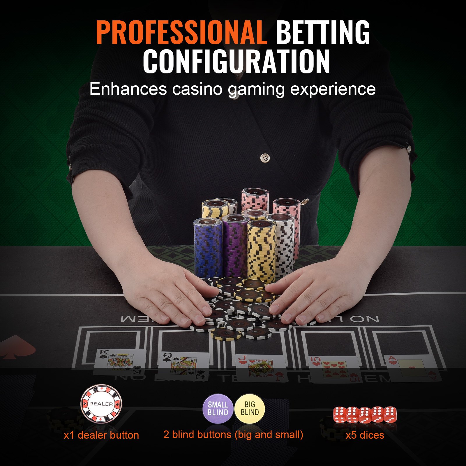 Zestaw żetonów pokerowych VEVOR, 300-elementowy zestaw do gry w pokera, gliniane żetony z etui ABS, kartami, żetonami i kośćmi, kompletny zestaw dla 7-8 graczy do Texas Hold'em, Blackjacka, gier hazardowych itp.