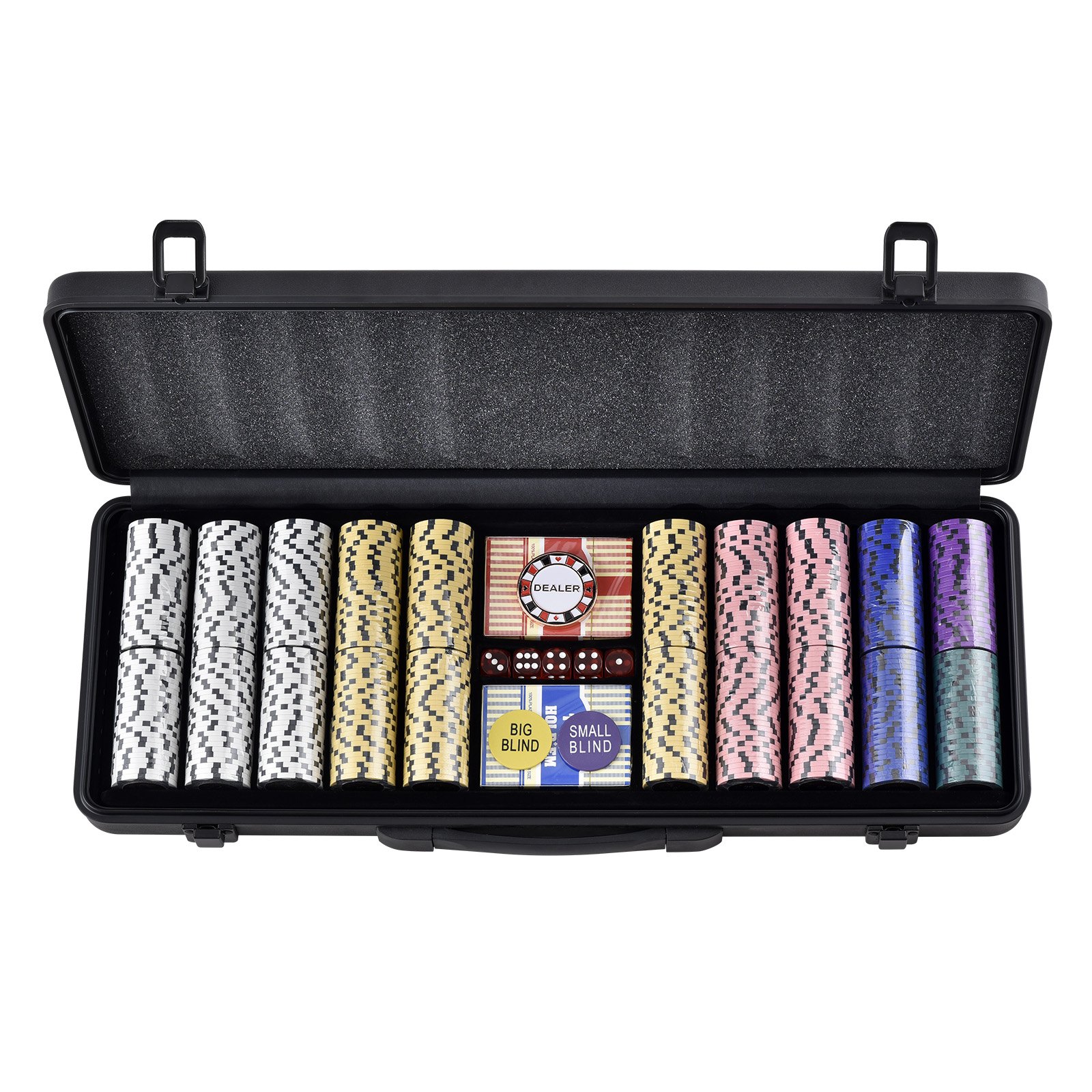 Zestaw żetonów pokerowych VEVOR, 500-elementowy zestaw do gry w pokera, gliniany zestaw do gry w pokera z etui ABS, kartami, żetonami i kośćmi, kompletny zestaw dla 9-10 graczy do Texas Hold'em, Blackjacka, gier hazardowych itp.