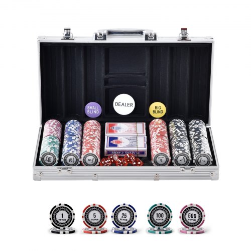Plastikowy zestaw żetonów do pokera VEVOR, 300-częściowy zestaw do pokera, kompletny zestaw do gry w pokera z aluminiową obudową do pokera, kartami, przyciskami i kostkami, kompletny zestaw dla 7-8 graczy do Texas Hold'em, blackjacka, gier hazardowych itp.