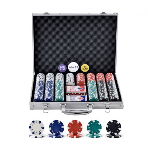Zestaw żetonów do pokera VEVOR, 500-częściowy zestaw do pokera nieoznakowany, zestaw do gry w pokera z aluminiową obudową do pokera, kartami, guzikami i kostkami, kompletny zestaw 9-10 graczy do Texas Hold'em, Blackjack, hazardu itp.