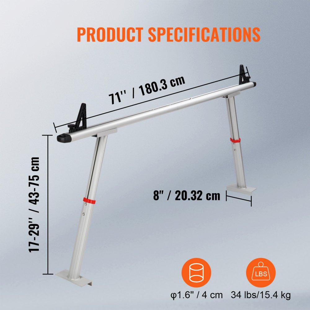 Bagażnik na ciężarówkę VEVOR, udźwig 363 kg, regulowana wysokość 43-75 cm, 2-częściowy aluminiowy bagażnik na drabinę z 8 zaciskami C bez wiercenia, bagażnik na ciężarówkę do kajaka, deski surfingowej, tarcicy i drabiny