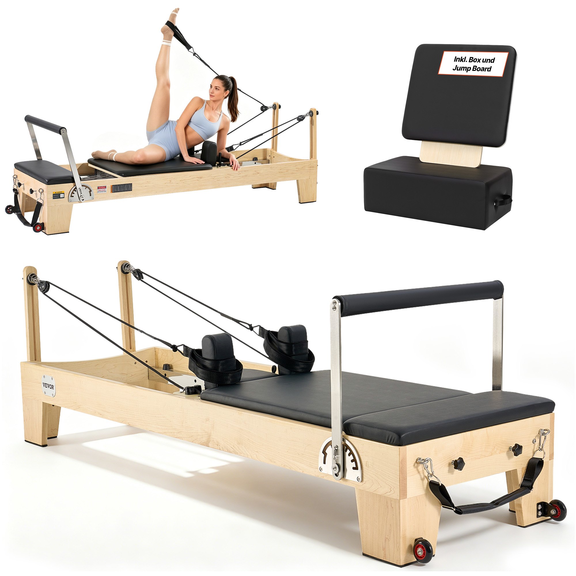VEVOR Pilates Reformer Wooden Training Device for Home Gym Use, Pilates Bed with Dual Resistance – Spring & Cord, Equipment with Seat Box, up to 181.44 kg