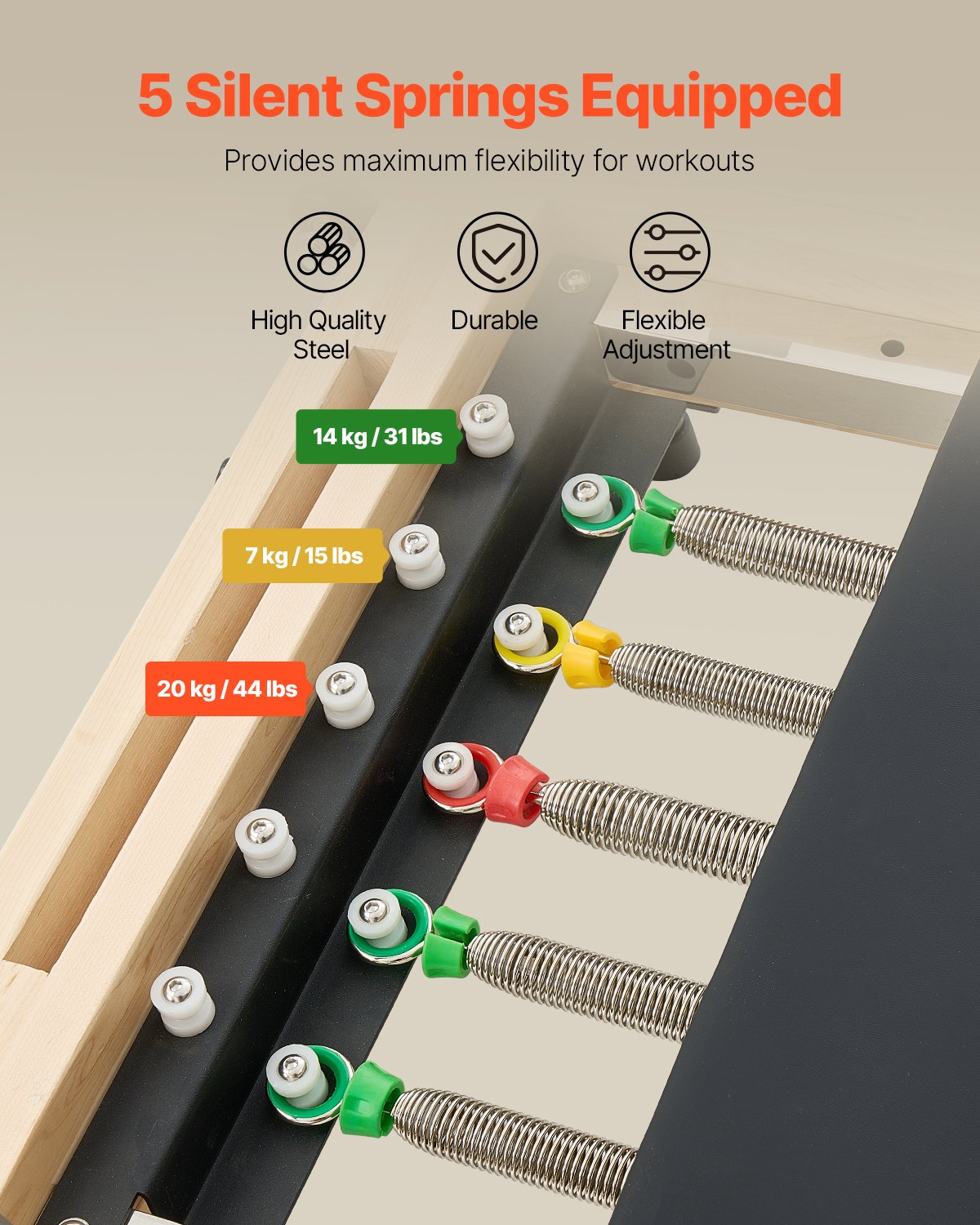 VEVOR Składany drewniany reformer do pilatesu, łóżko do pilatesu z podwójnym oporem – sprężyna i linka, sprzęt z siedziskiem, do 181,44 kg