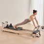 VEVOR Składany sprzęt do ćwiczeń Pilates Reformer z drewna kauczukowego do domowej siłowni, łóżko do pilatesu z podwójnym oporem – sprężyna i linka, sprzęt z siedziskiem, do 181,44 kg