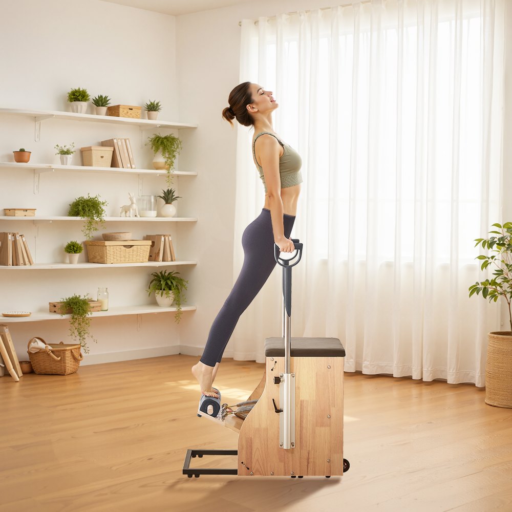 Krzesło do pilatesu VEVOR, krzesła kombinowane z dzielonymi pedałami i uchwytami, trenażer do jogi i fitnessu z ramą z drewna kauczukowego, reformer ćwiczeń, sprzęt do treningu oporowego Pilates