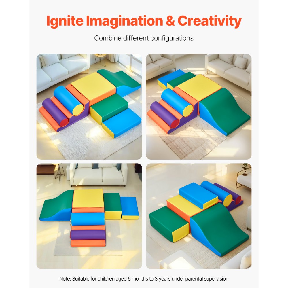 Miękkie klocki konstrukcyjne VEVOR, zestaw 7 elementów, piankowe klocki konstrukcyjne dla maluchów w wieku od 6 miesięcy do 3 lat, gigantyczne klocki konstrukcyjne ze skóry PU, zestaw do wspinaczki i raczkowania do użytku w pomieszczeniach, do raczkowania i zjeżdżania