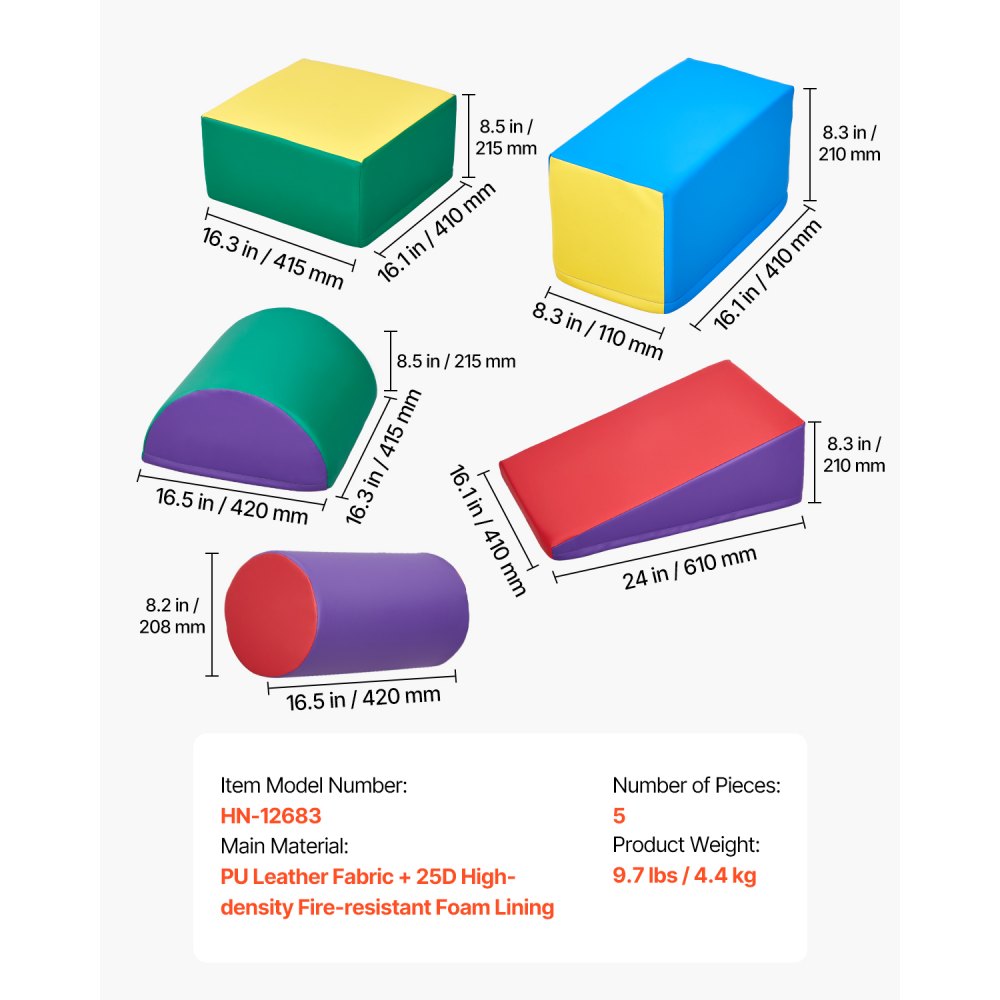 Miękkie klocki konstrukcyjne VEVOR, zestaw 5 elementów, piankowe klocki konstrukcyjne dla maluchów w wieku od 6 miesięcy do 3 lat, duże klocki konstrukcyjne ze skóry PU, zestaw do wspinaczki i raczkowania w pomieszczeniach, do raczkowania i zjeżdżania