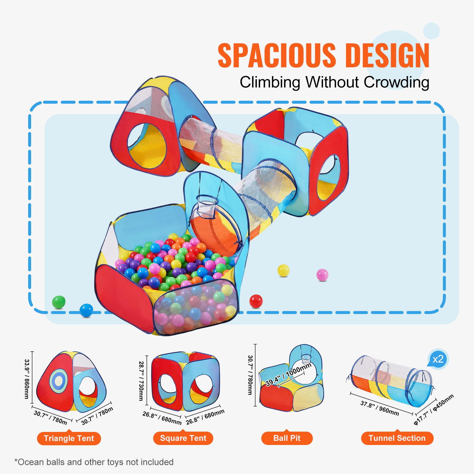 VEVOR Namiot do zabawy 5 w 1 z tunelem, kosz do koszykówki dla chłopców, dziewczynek, niemowląt i dzieci, rozkładany domek do zabawy do użytku wewnątrz i na zewnątrz z torbą transportową i paskami mocującymi, prezent urodzinowy, czerwony/żółty/niebieski