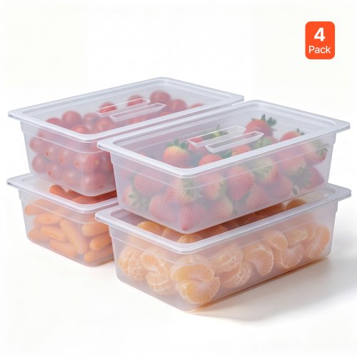 Pojemniki VEVOR GN 1/1, głębokość 15 cm, zestaw 4 szt., pojemniki na żywność z pokrywkami, PP do restauracji, bufetów i barów sałatkowych, 526 x 325 x 157 mm, od -40 do 100 °C, można myć w zmywarce, można układać w stosy, podziałka