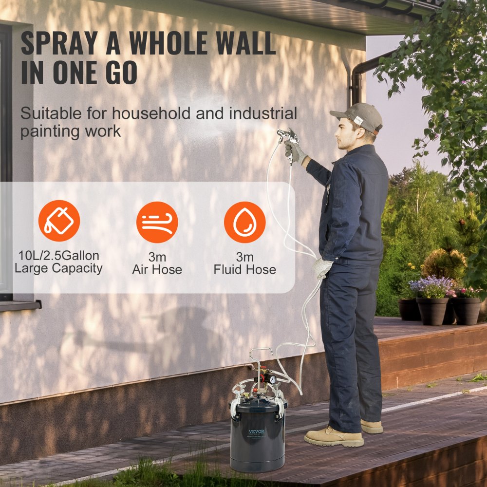 VEVOR zbiornik ciśnieniowy na farbę, zbiornik ciśnieniowy na farbę w sprayu, 10 l, pistolet lakierniczy 60 psi, zbiornik na farbę, Φ 52 x 32 cm, zbiornik na farbę w sprayu, pistolety natryskowe, lakiery, bejce