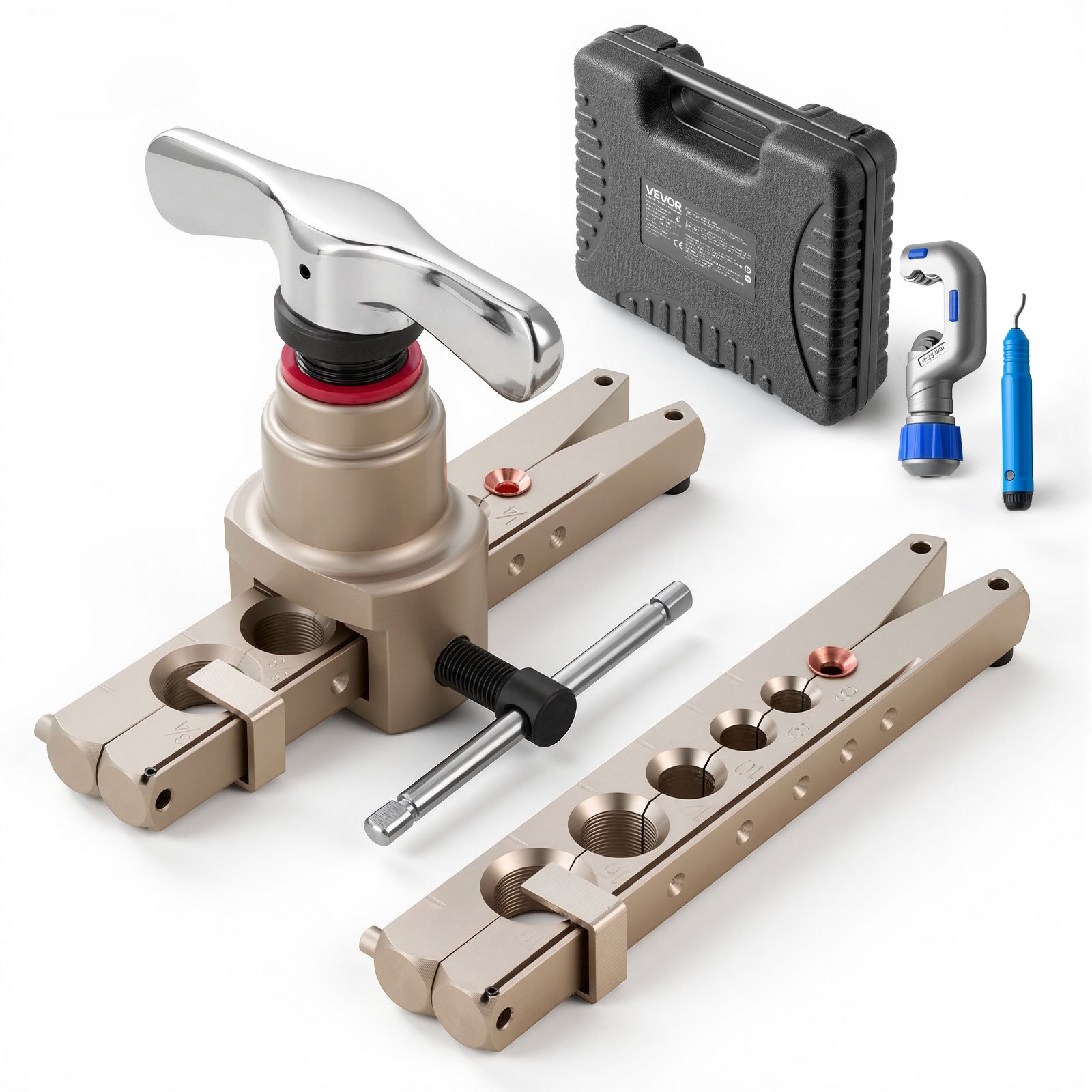 VEVOR Flaring Tool HVAC, 45° Eccentric Single Flaring Tool for 1/4"-3/4" & 6-19mm Copper Aluminum Tubes - with Metric & SAE Clamps, Tube Cutter & Toolbox for Refrigeration Air Conditioner Repair